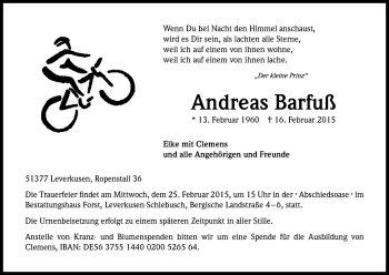 Anzeige von Andreas Barfuß von Kölner Stadt-Anzeiger / Kölnische Rundschau / Express