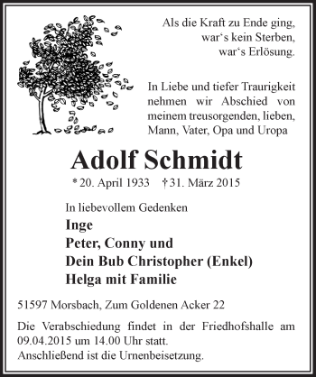 Anzeige von Adolf Schmidt von  Lokalanzeiger 