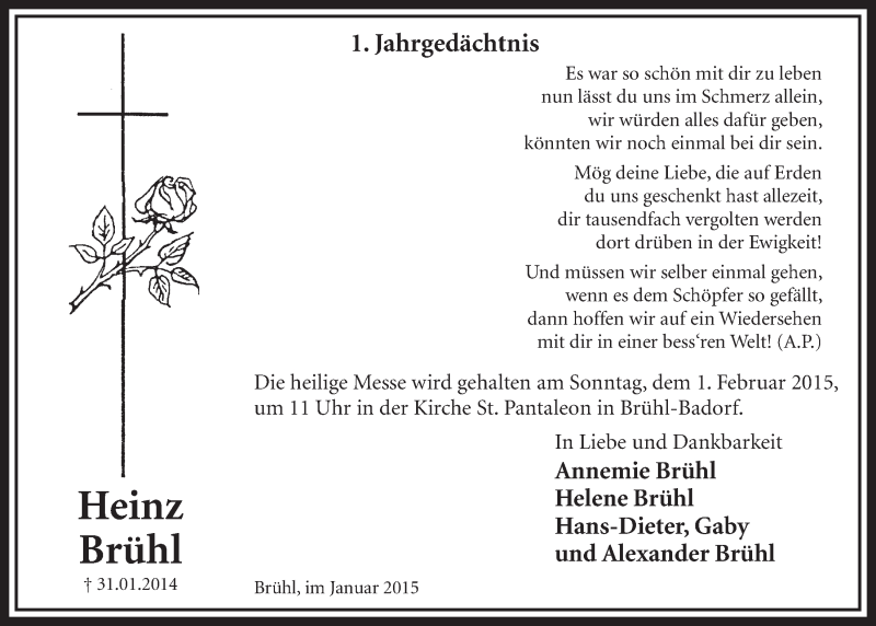  Traueranzeige für Heinz Brühl vom 21.01.2015 aus  Schlossbote/Werbekurier 