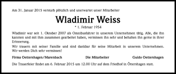 Anzeige von Wladimir Weiss von Kölner Stadt-Anzeiger / Kölnische Rundschau / Express