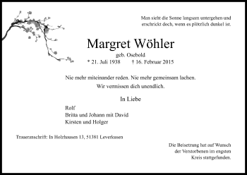 Anzeige von Margret Wöhler von Kölner Stadt-Anzeiger / Kölnische Rundschau / Express