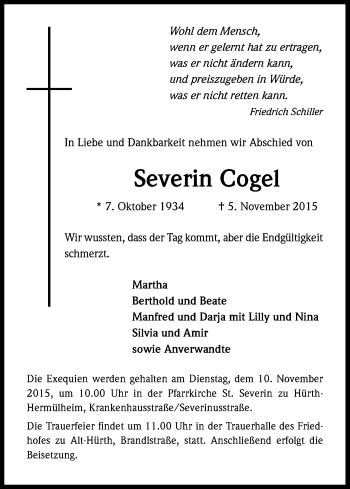 Anzeige von Severin Cogel von Kölner Stadt-Anzeiger / Kölnische Rundschau / Express