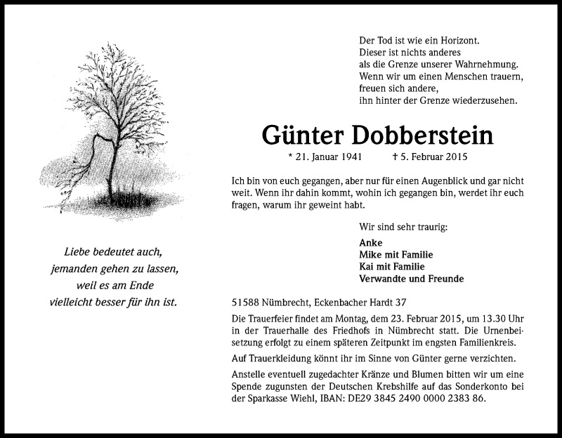  Traueranzeige für Günter Dobberstein vom 14.02.2015 aus Kölner Stadt-Anzeiger / Kölnische Rundschau / Express