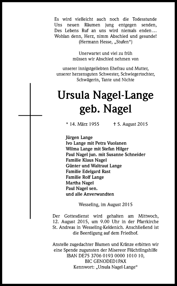  Traueranzeige für Ursula Nagel-Lange vom 08.08.2015 aus Kölner Stadt-Anzeiger / Kölnische Rundschau / Express