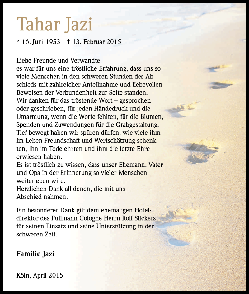  Traueranzeige für Tahar Jazi vom 11.04.2015 aus Kölner Stadt-Anzeiger / Kölnische Rundschau / Express