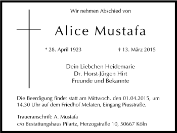 Anzeige von Alice Mustafa von Kölner Stadt-Anzeiger / Kölnische Rundschau / Express