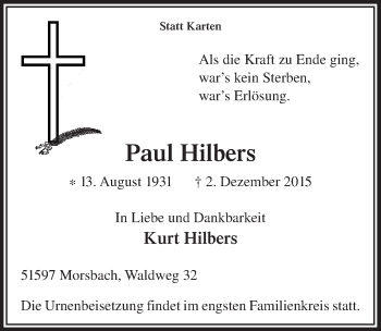 Anzeige von Paul Hilbers von  Lokalanzeiger 