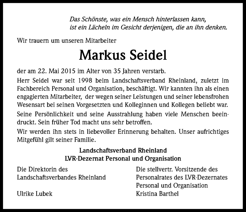  Traueranzeige für Markus Seidel vom 30.05.2015 aus Kölner Stadt-Anzeiger / Kölnische Rundschau / Express