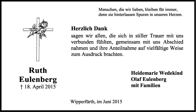  Traueranzeige für Ruth Eulenberg vom 06.06.2015 aus Kölner Stadt-Anzeiger / Kölnische Rundschau / Express
