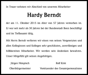 Anzeige von Hardy Berndt von Kölner Stadt-Anzeiger / Kölnische Rundschau / Express