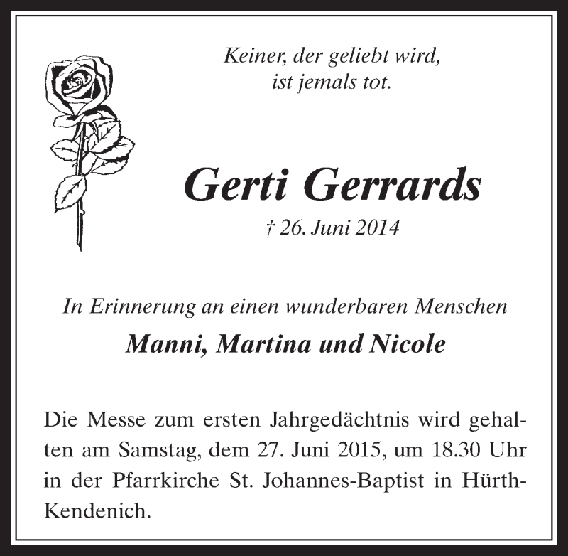  Traueranzeige für Gerti Gerrards vom 24.06.2015 aus  Wochenende 