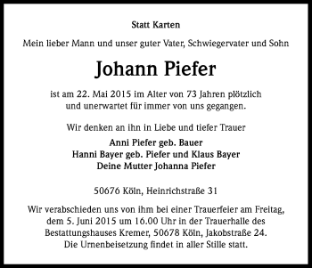 Anzeige von Johann Piefer von Kölner Stadt-Anzeiger / Kölnische Rundschau / Express