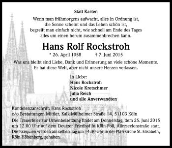 Anzeige von Hans Rolf Rockstroh von Kölner Stadt-Anzeiger / Kölnische Rundschau / Express