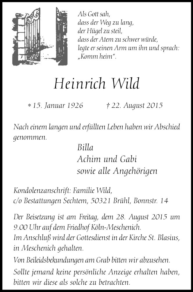  Traueranzeige für Heinrich Wild vom 26.08.2015 aus Kölner Stadt-Anzeiger / Kölnische Rundschau / Express