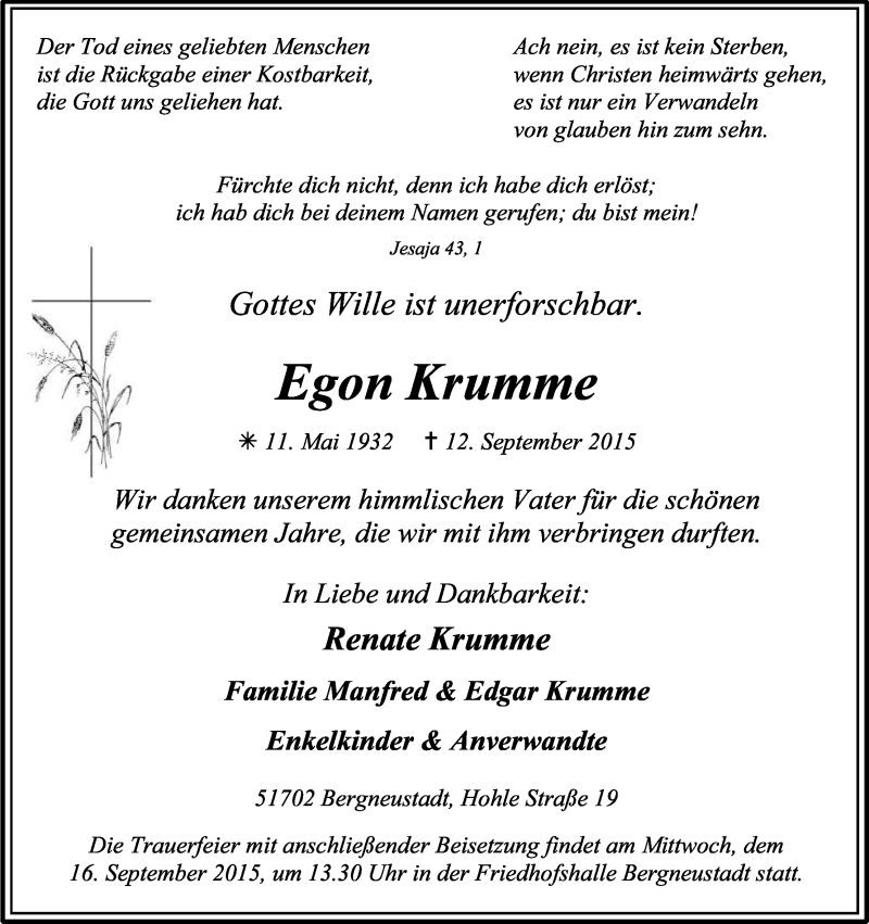  Traueranzeige für Egon Krumme vom 15.09.2015 aus Kölner Stadt-Anzeiger / Kölnische Rundschau / Express