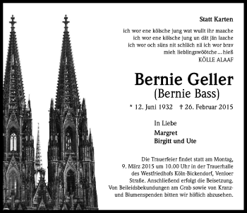 Anzeige von Bernie Geller von Kölner Stadt-Anzeiger / Kölnische Rundschau / Express