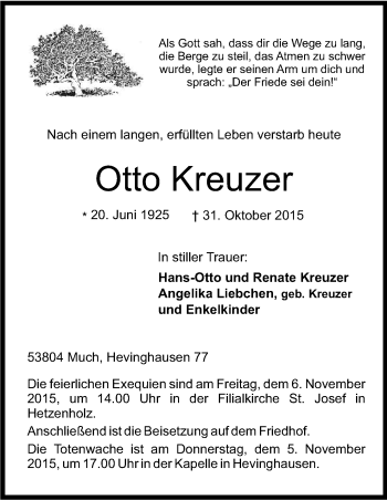 Anzeige von Otto Kreuzer von Kölner Stadt-Anzeiger / Kölnische Rundschau / Express