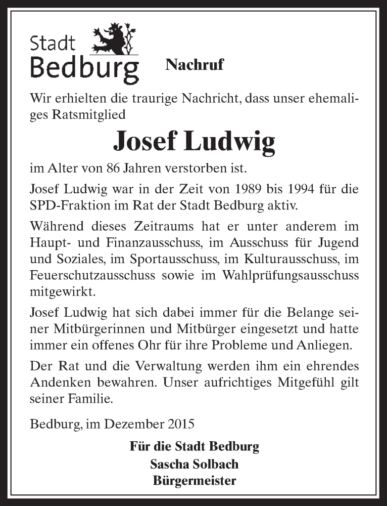  Traueranzeige für Josef Ludwig vom 16.12.2015 aus  Werbepost 