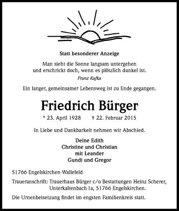 Anzeige von Friedrich Bürger von Kölner Stadt-Anzeiger / Kölnische Rundschau / Express