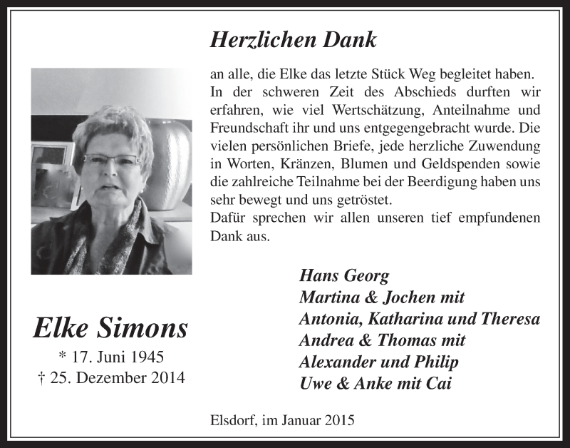  Traueranzeige für Elke Simons vom 28.01.2015 aus  Werbepost 