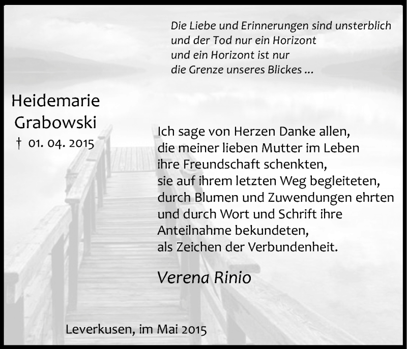 Traueranzeige für Heidemarie Grabowski vom 09.05.2015 aus Kölner Stadt-Anzeiger / Kölnische Rundschau / Express