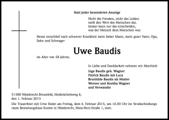 Anzeige von Uwe Baudis von Kölner Stadt-Anzeiger / Kölnische Rundschau / Express