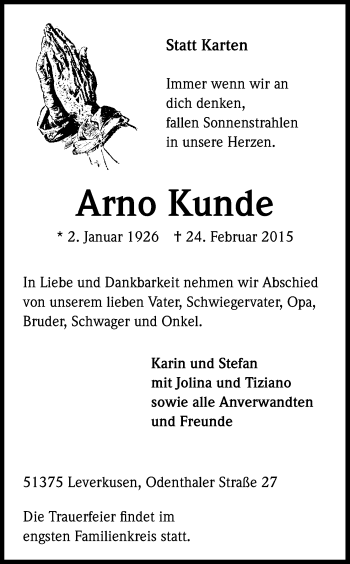 Anzeige von Arno Kunde von Kölner Stadt-Anzeiger / Kölnische Rundschau / Express