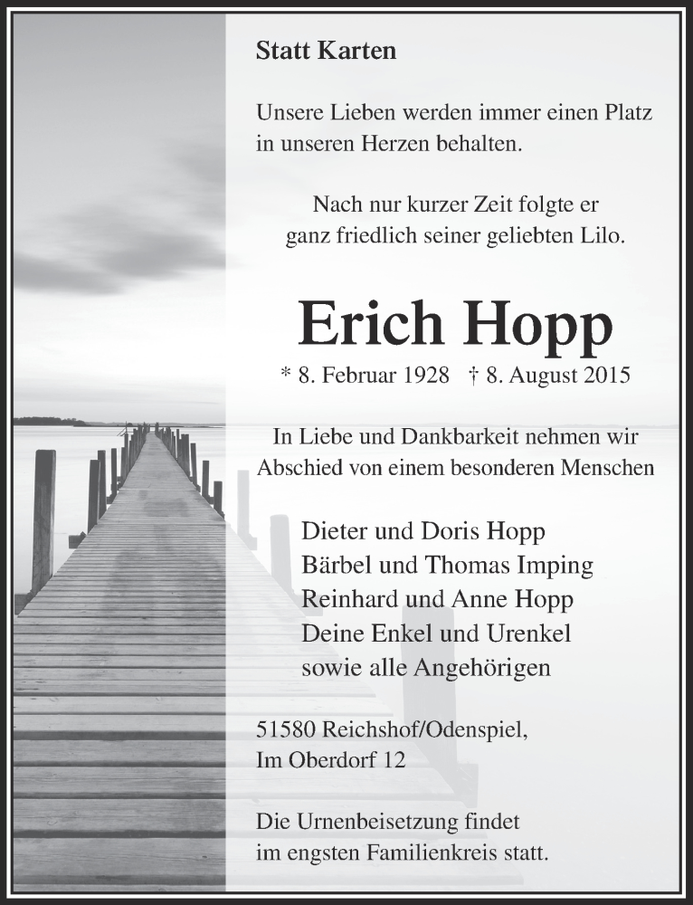  Traueranzeige für Erich Hopp vom 12.08.2015 aus  Lokalanzeiger 