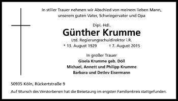 Anzeige von Günther Krumme von Kölner Stadt-Anzeiger / Kölnische Rundschau / Express