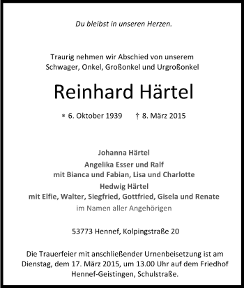 Anzeige von Reinhard Härtel von Kölner Stadt-Anzeiger / Kölnische Rundschau / Express