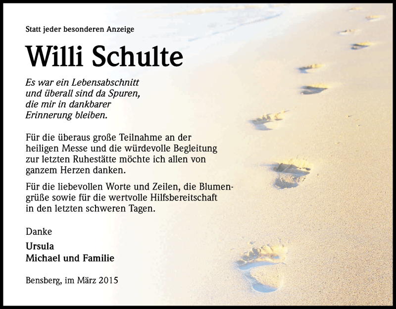  Traueranzeige für Willi Schulte vom 06.03.2015 aus Kölner Stadt-Anzeiger / Kölnische Rundschau / Express