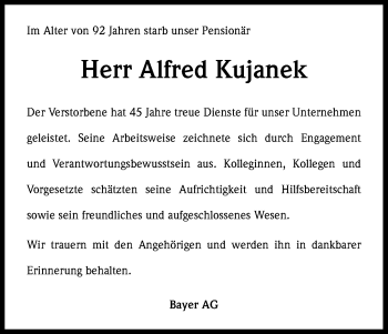 Anzeige von Alfred Kujanek von Kölner Stadt-Anzeiger / Kölnische Rundschau / Express
