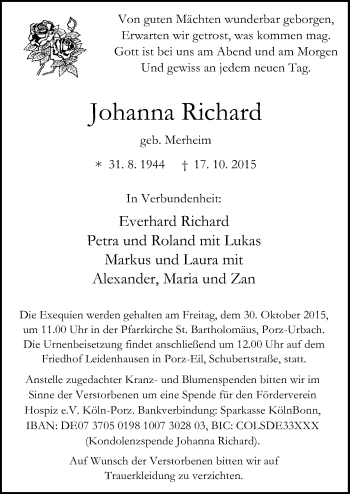 Anzeige von Johanna Richard von  Kölner Wochenspiegel 