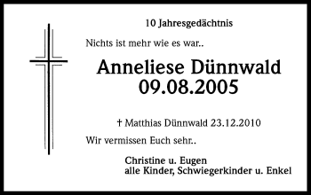 Anzeige von Anneliese und Matthias Dünnwald von Kölner Stadt-Anzeiger / Kölnische Rundschau / Express