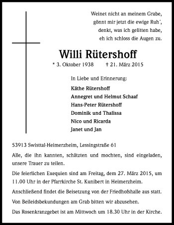 Anzeige von Willi Rütershoff von Kölner Stadt-Anzeiger / Kölnische Rundschau / Express