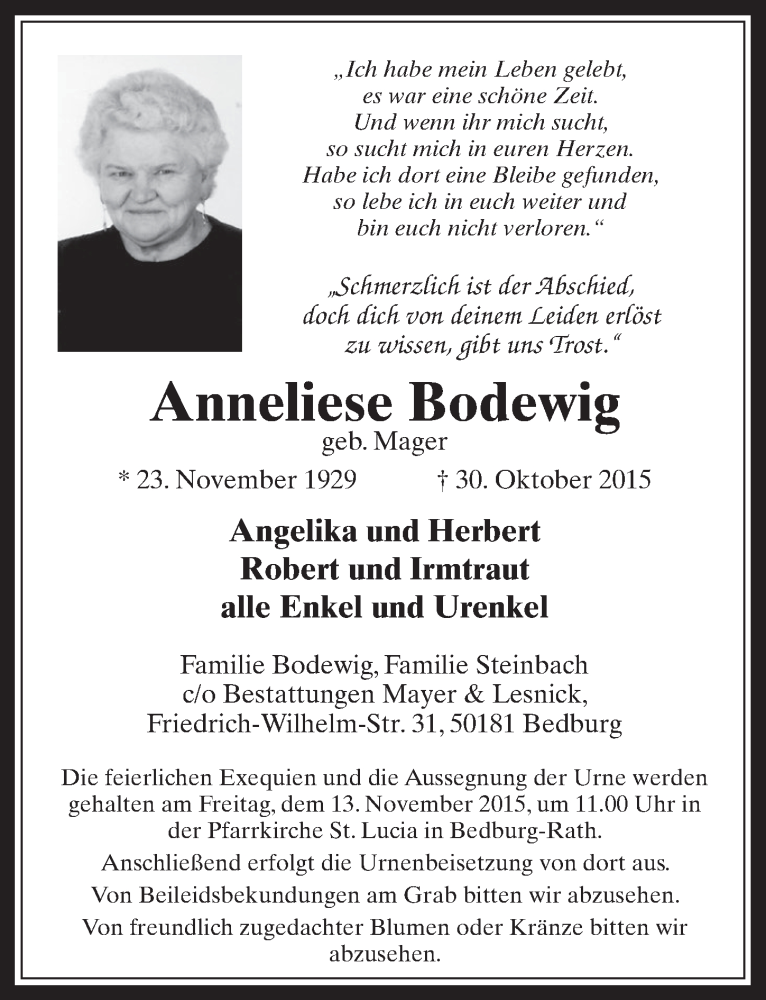 Traueranzeige für Anneliese Bodewig vom 04.11.2015 aus  Werbepost 