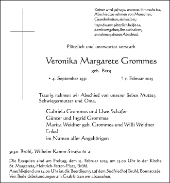 Anzeige von Veronika Margarete Grommes von  Schlossbote/Werbekurier 
