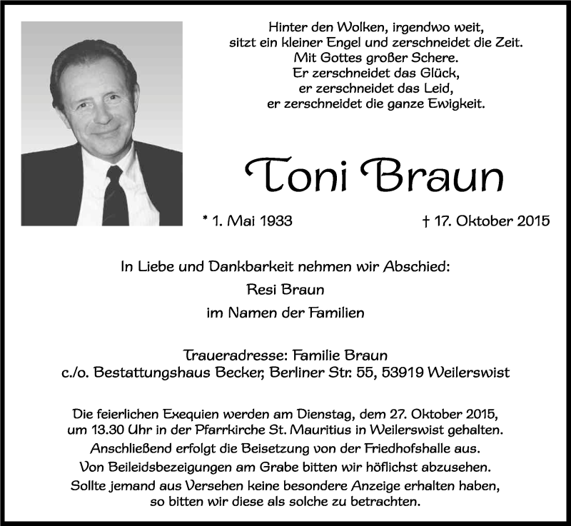  Traueranzeige für Toni Braun vom 22.10.2015 aus Kölner Stadt-Anzeiger / Kölnische Rundschau / Express