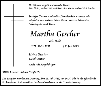 Anzeige von Martha Gescher von Kölner Stadt-Anzeiger / Kölnische Rundschau / Express