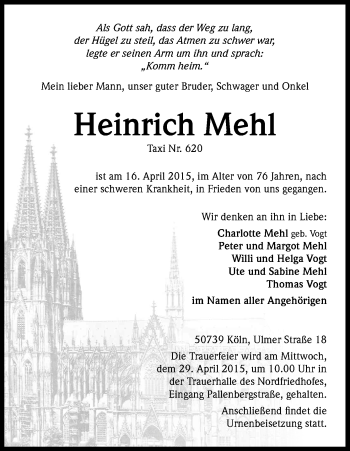 Anzeige von Heinrich Mehl von Kölner Stadt-Anzeiger / Kölnische Rundschau / Express