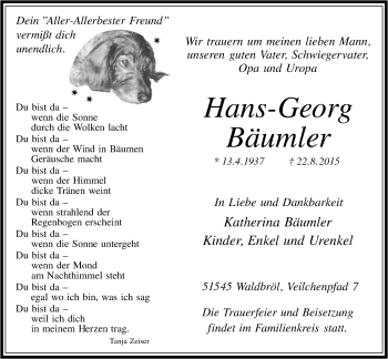 Anzeige von Hans-Georg Bäumler von  Lokalanzeiger 