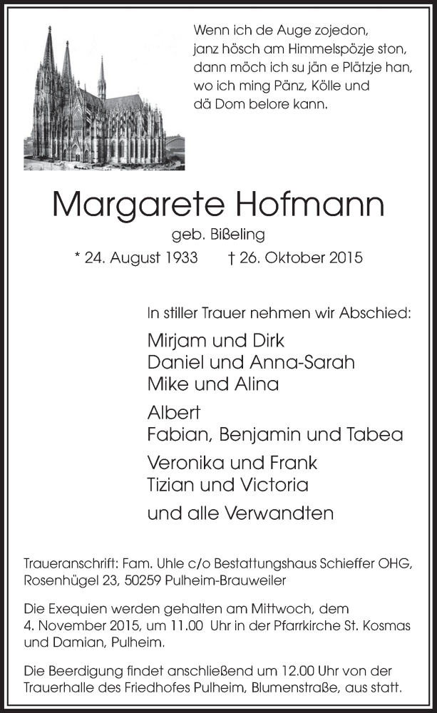  Traueranzeige für Margarete Hofmann vom 31.10.2015 aus  Sonntags-Post 