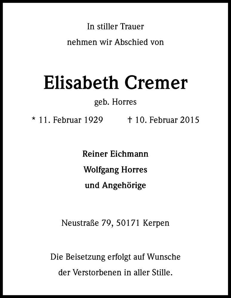  Traueranzeige für Elisabeth Cremer vom 18.02.2015 aus Kölner Stadt-Anzeiger / Kölnische Rundschau / Express