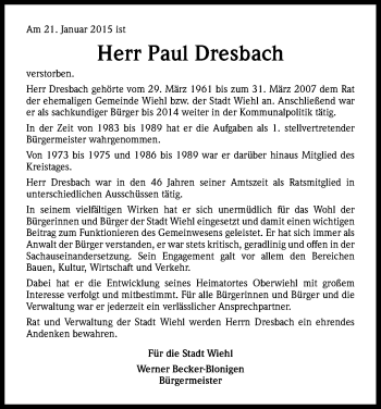 Anzeige von Paul Dresbach von Kölner Stadt-Anzeiger / Kölnische Rundschau / Express