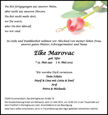 Anzeige von Elke Marovac von Kölner Stadt-Anzeiger / Kölnische Rundschau / Express