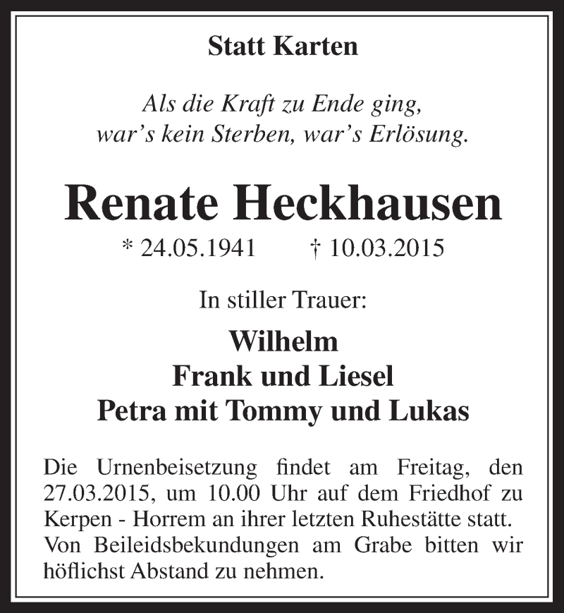  Traueranzeige für Renate Heckhausen vom 25.03.2015 aus  Werbepost 