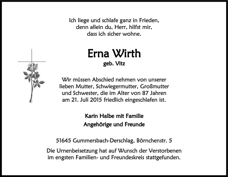  Traueranzeige für Erna Wirth vom 30.07.2015 aus Kölner Stadt-Anzeiger / Kölnische Rundschau / Express