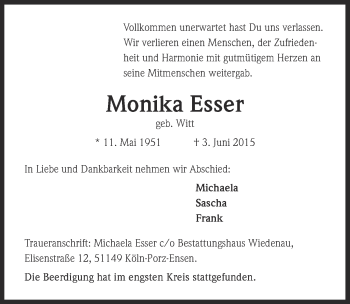 Anzeige von Monika Esser von  Kölner Wochenspiegel 