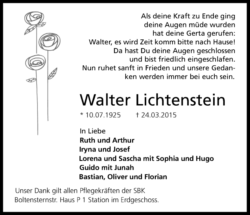  Traueranzeige für Walter Lichtenstein vom 11.04.2015 aus Kölner Stadt-Anzeiger / Kölnische Rundschau / Express