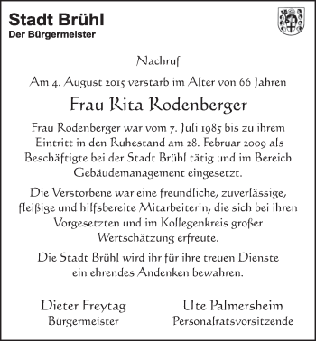 Anzeige von Rita Rodenberger von  Schlossbote/Werbekurier 